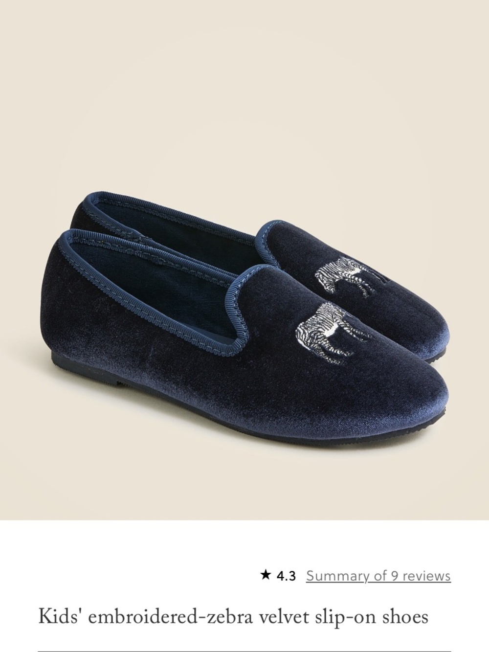 Crewcuts Navy Velvet Embroidered Zebra Slip-Ons